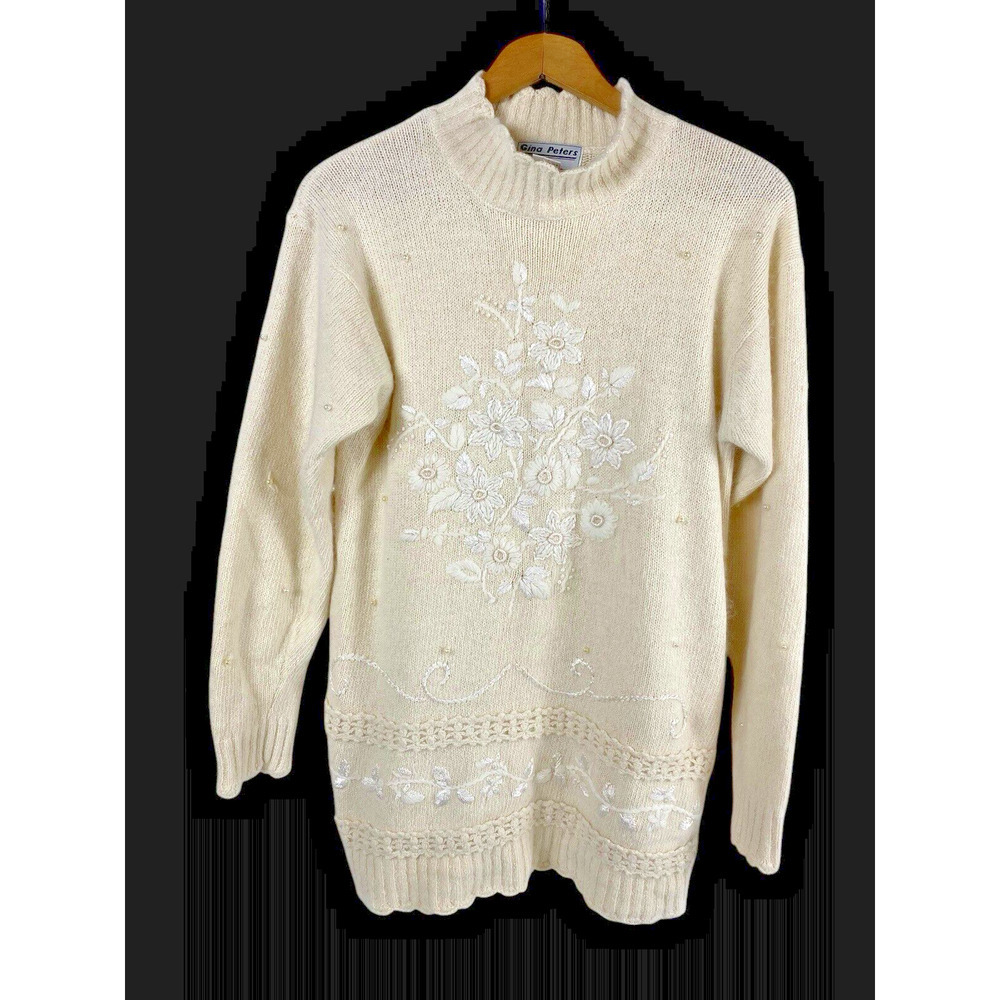 Vintage White Sweater Size S Angora Silk Mock Neck Raised Floral 90s Delicate
